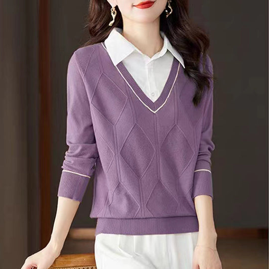 Damen gestrickter Pullover mit v-ausschnitt und strukturiertem Diamantmuster R&B
