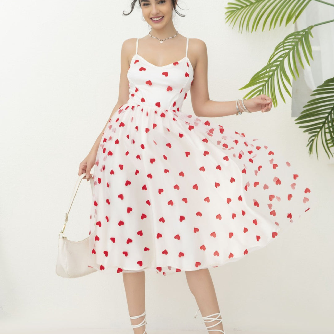 Damen romantisches A-Linien Kleid mit Herzmotiv und verstellbaren Trägern R&B