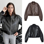 Damen Kunstleder Bomberjacke mit elastischem Abschluss und praktischen Taschen R&B