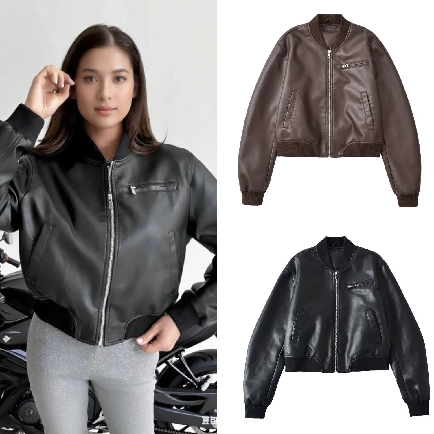 Damen Kunstleder Bomberjacke mit elastischem Abschluss und praktischen Taschen R&B