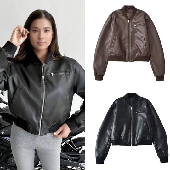 Damen Kunstleder Bomberjacke mit elastischem Abschluss und praktischen Taschen R&B