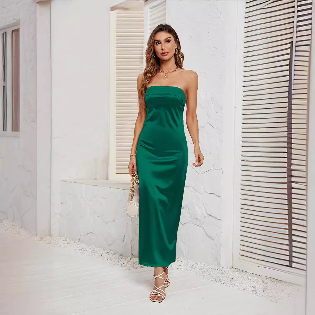 Damen langes Maxikleid im eleganten Schlangenprint mit schulterfreiem Design R&B