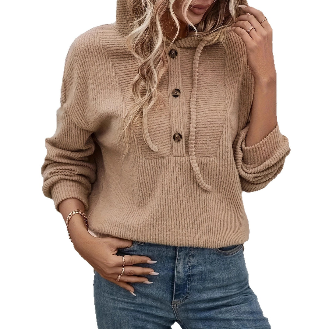 Damen kuscheliger Kapuzenpullover mit Knopfleiste und Rippstruktur R&B