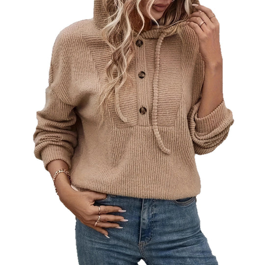 Damen kuscheliger Kapuzenpullover mit Knopfleiste und Rippstruktur R&B