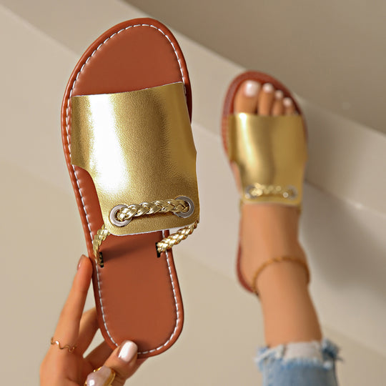 Damen Flache Sandalen mit geflochtenem Riemen und glänzender Oberfläche R&B