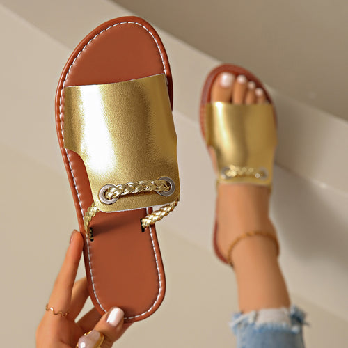 Damen Flache Sandalen mit geflochtenem Riemen und glänzender Oberfläche R&B