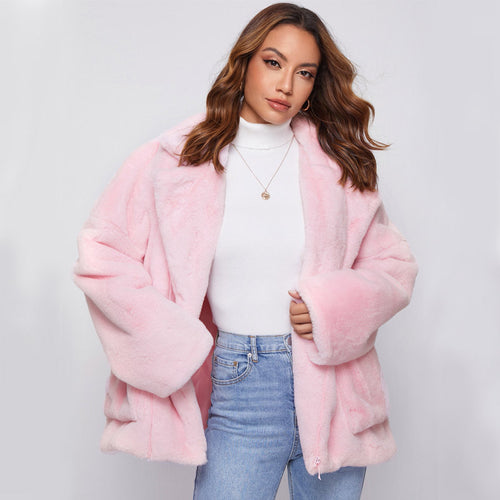 Damen Flauschige und stylische Freizeitjacke mit tiefem Reverskragen R&B