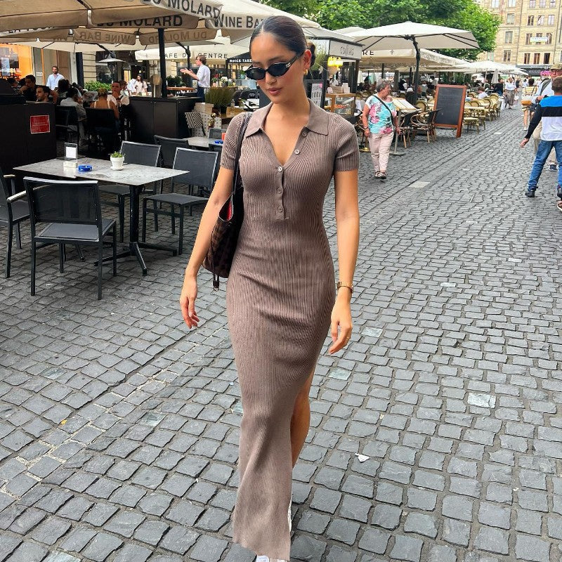 Damen Maxikleid mit kurzem Arm und klassischem Kragen R&B