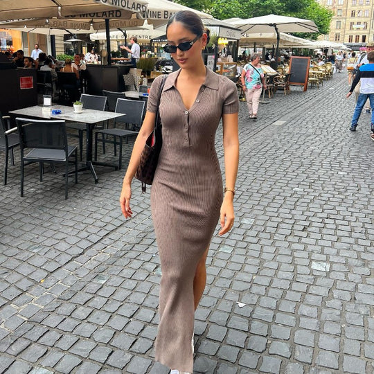 Damen Maxikleid mit kurzem Arm und klassischem Kragen R&B