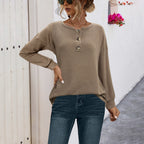Damen lässiger Strickpullover mit dekorativen Knöpfen und weitem Schnitt R&B