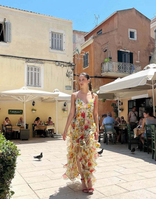 Damen Fließendes Chiffon Maxikleid mit Rüschendetails und floralen Akzenten R&B