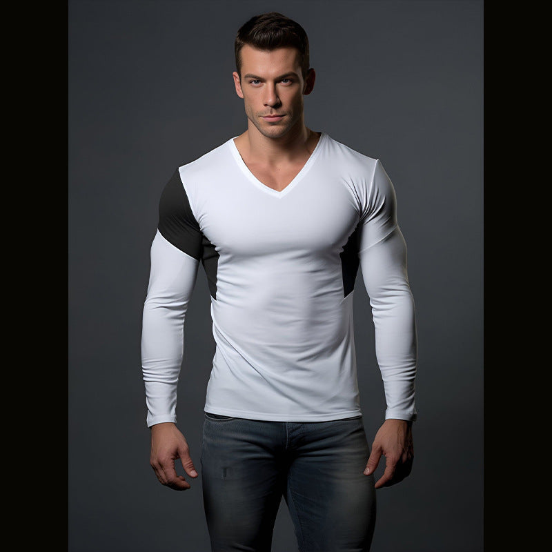 Herren Langarmshirt mit modernem V-Ausschnitt und farblich abgesetzten Ärmeln