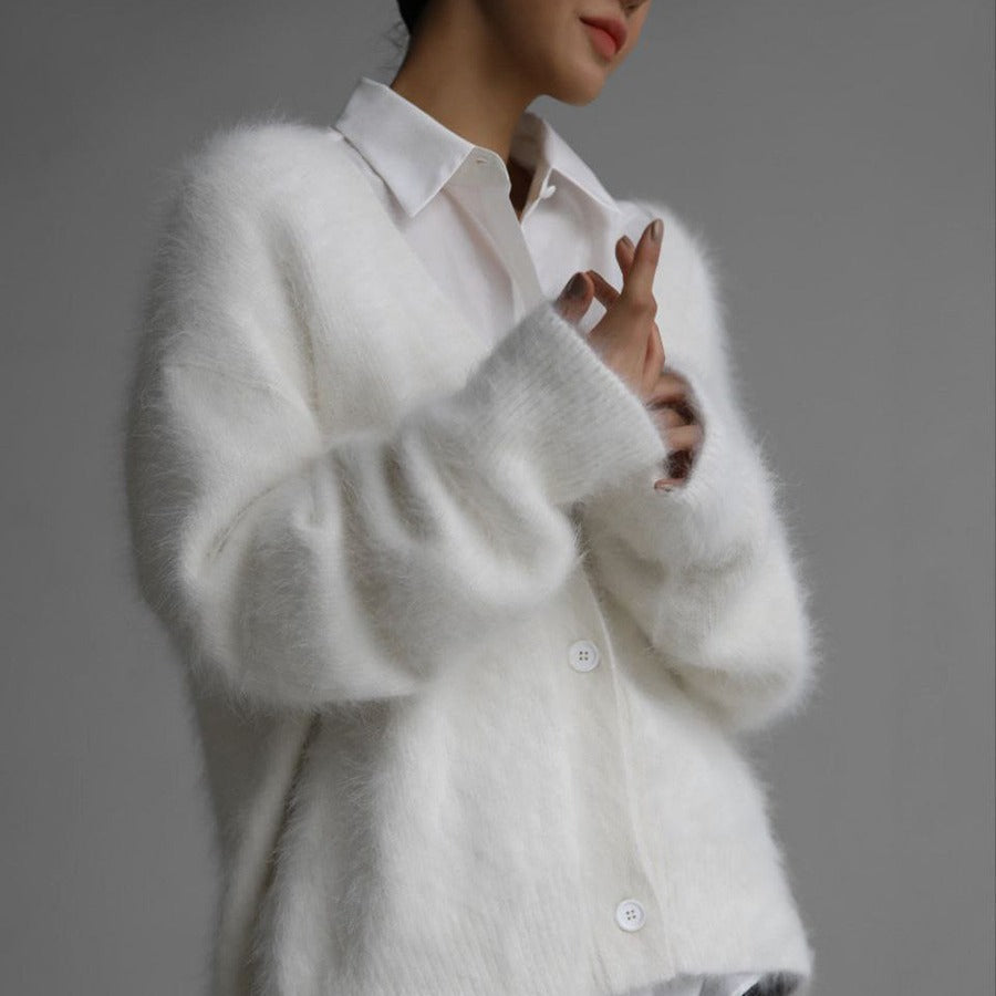 Damen weicher Strickcardigan mit luxuriösem Mohair-Anteil und lässigem Schnitt R&B