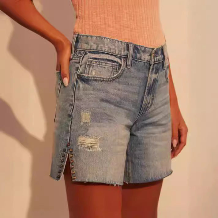 Damen modische Destroyed Denim-Shorts mit Nietenverzierung R&B