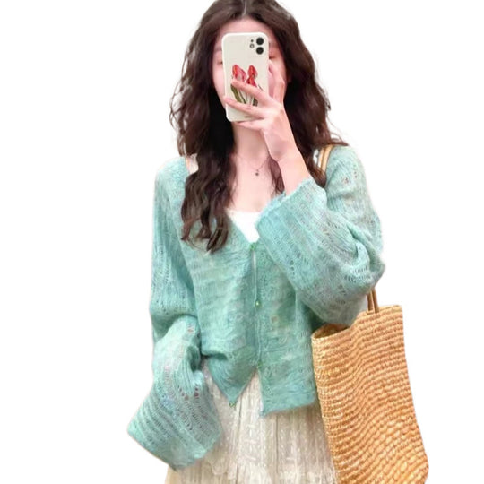 Damen luftiger Strickcardigan mit feiner Lochmusterstruktur und weitem Schnitt R&B
