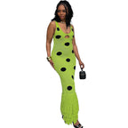 Damen Maxikleid mit tiefem V-Ausschnitt und fransigen Details R&B