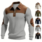 Herren nan gerippter Halbzip-Pullover mit kontrastierenden Lederapplikationen an Schultern und Ellenbogen R&B