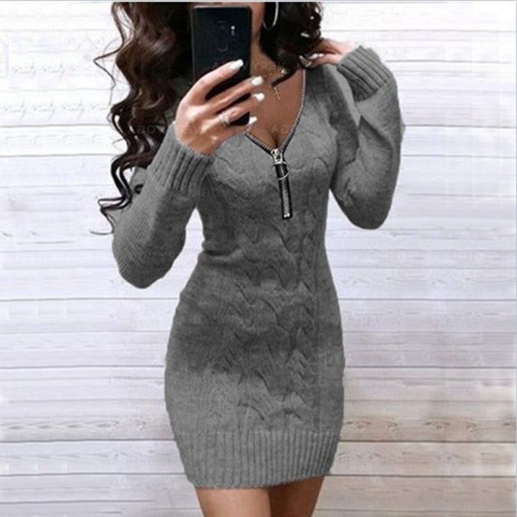 Damen Strickkleid mit dekorativem Reißverschluss und feinem Kabelmuster R&B