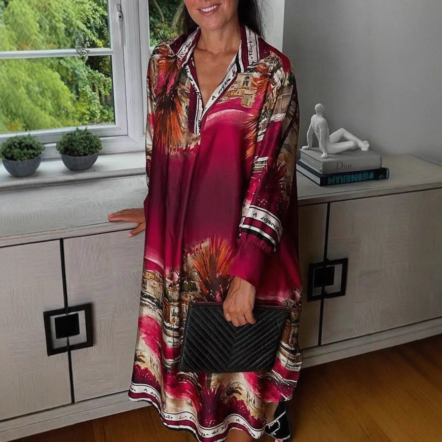 Damen nan Seidenoptik-Hemdkleid im Kaftanstil mit illustrativem Küstenprint R&B