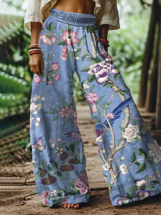 Damen Weite Sommerhose mit buntem Blumen- und Schmetterlingsprint R&B