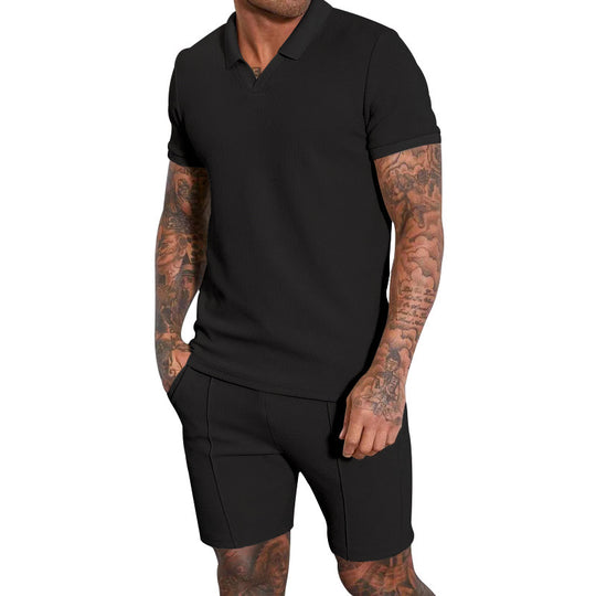 Herren nan kurzärmeliges Halbkragen-Strickset mit feiner Waffelstruktur und gerade geschnittenen Shorts R&B