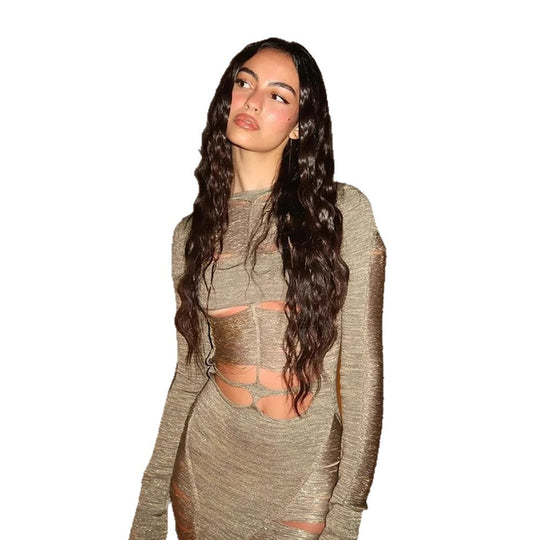 Damen Cut-Out Abendkleid mit langen Ärmeln und schwingendem Saum R&B