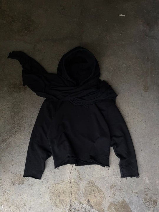Unisex nan Kapuzenpullover im Gebrauchsspurenstil mit angeschlossenem Schlauchschal und ausgefransten Öffnungen R&B