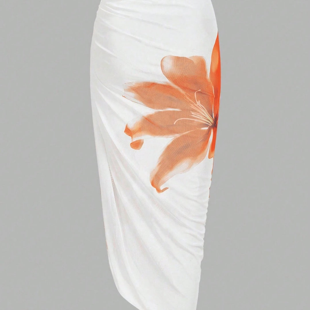 Damen Badeanzug mit elegantem floralem Design und passendem Wickelrock R&B