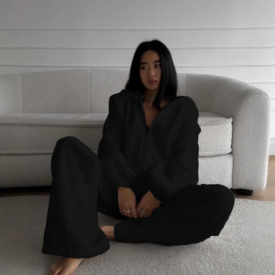 Damen lässiger Jumpsuit mit Kapuze und Reißverschluss R&B