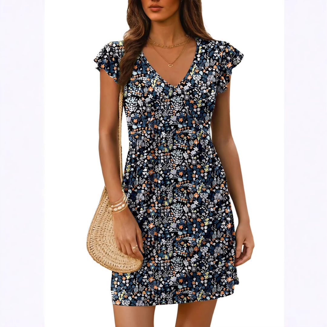 Damen luftiges sommerliches Kleid mit floralem Muster und V-Ausschnitt R&B