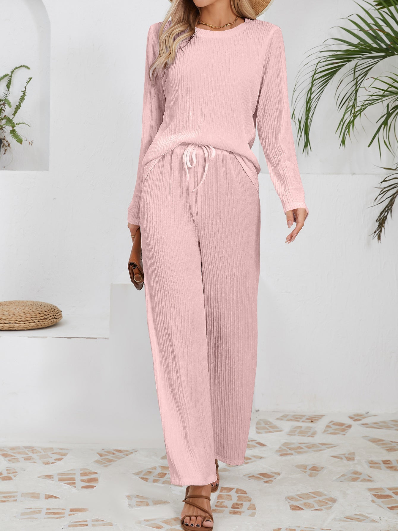 Damen Lässiges Lounge-Set aus leichtem Rippmaterial mit elastischem Bund R&B