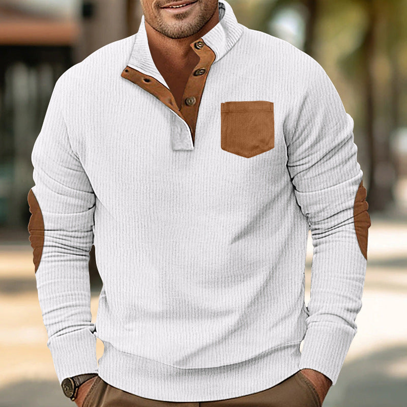 Herren eleganter Strickpullover mit Knopfleiste und kontrastierenden Ellbogenpatches R&B