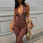 Damen Eleganter Spitzen-Jumpsuit mit tiefem V-Ausschnitt und seitlichen Schlitzen R&B