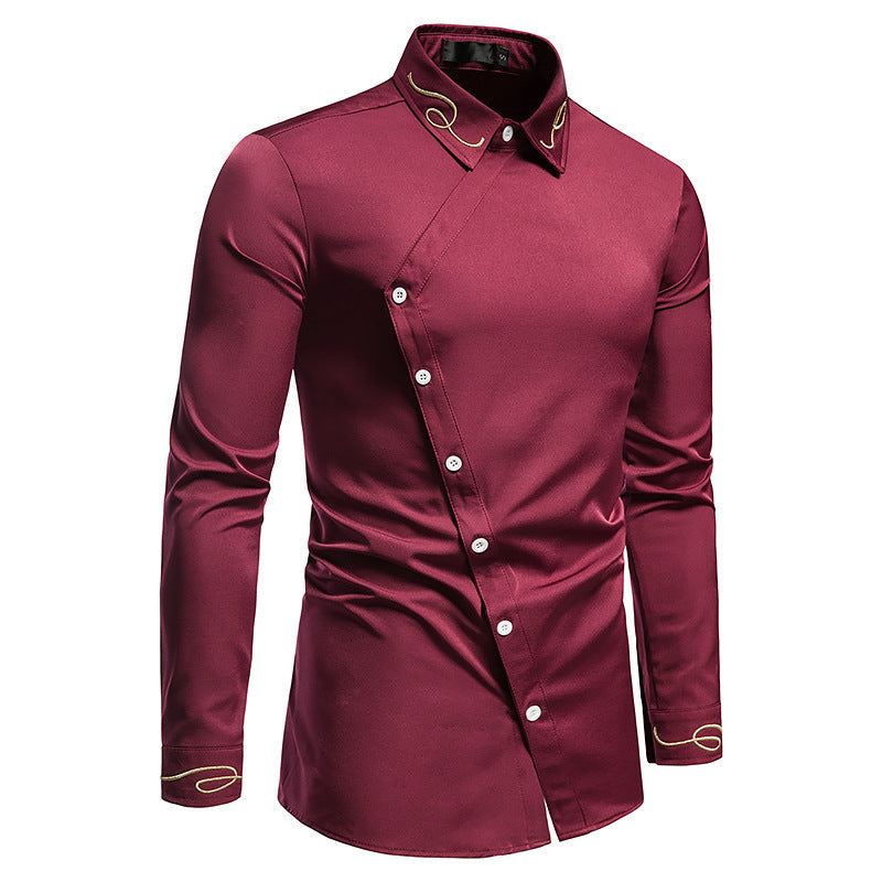 Herren Elegantes Langarmhemd mit asymmetrischem Knopfdesign und gesticktem Kragen R&B