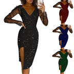 Damen elegantes Wickelkleid mit transparenten Ärmeln und schimmerndem Sternenmuster R&B