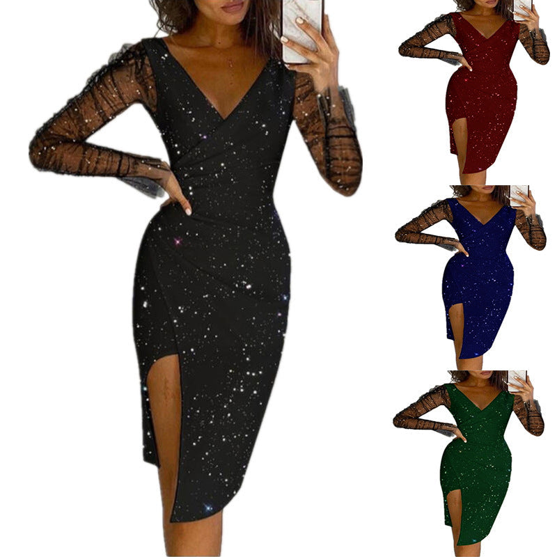Damen elegantes Wickelkleid mit transparenten Ärmeln und schimmerndem Sternenmuster R&B