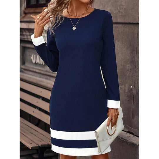 Damen Elegantes Kleid mit kontrastierenden Ärmelabschlüssen und Saum R&B