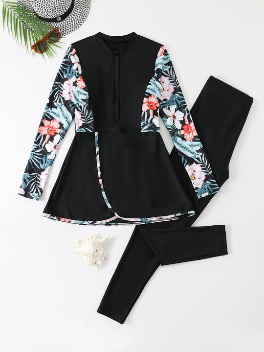 Damen Modisches Schwimmanzug-Set mit floralem Design und langem Arm R&B
