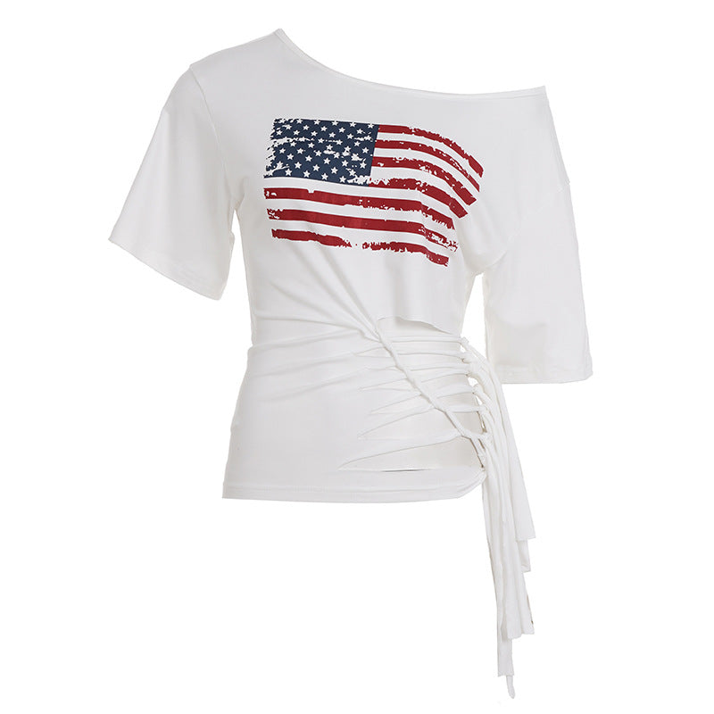 Damen Cropped T-Shirt mit Flaggenmotiv und verspielten Fransen R&B