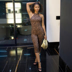 Damen Figurbetonter Jumpsuit mit Leopardenmuster und hochgeschlossenem Ausschnitt R&B