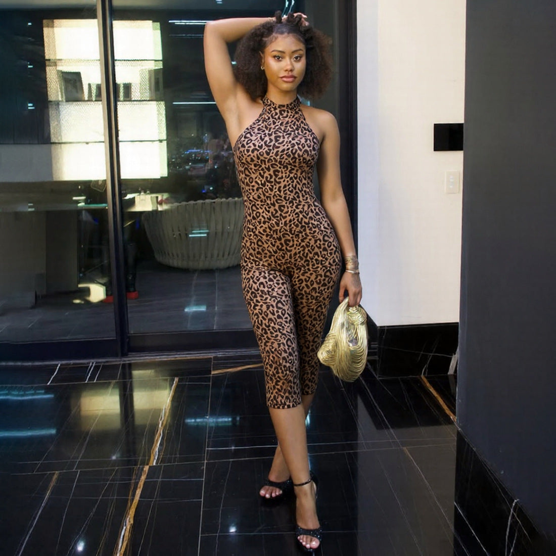 Damen Figurbetonter Jumpsuit mit Leopardenmuster und hochgeschlossenem Ausschnitt R&B