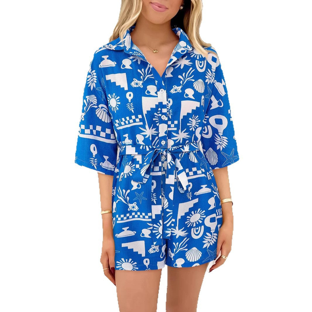 Damen Leichte Kurzarm-Bluse mit Bindegürtel R&B