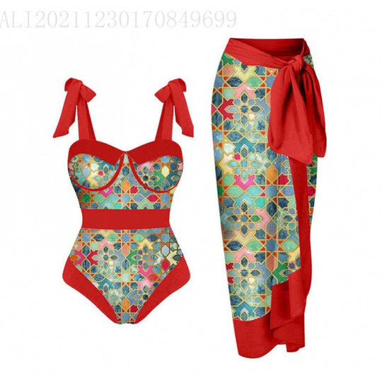 Damen Bikini-Set mit floralem Design und elegantem Überrock R&B