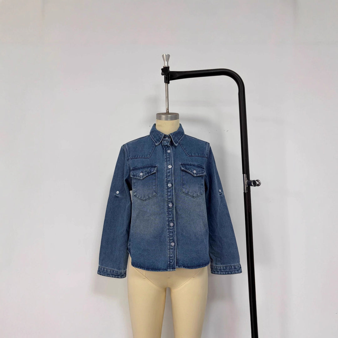 Damen lässige Denim-Bluse mit aufgesetzten Taschen und leicht tailliertem Schnitt R&B