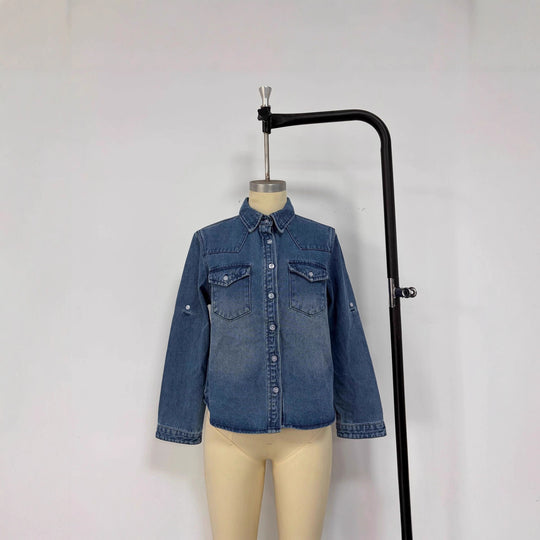 Damen lässige Denim-Bluse mit aufgesetzten Taschen und leicht tailliertem Schnitt R&B