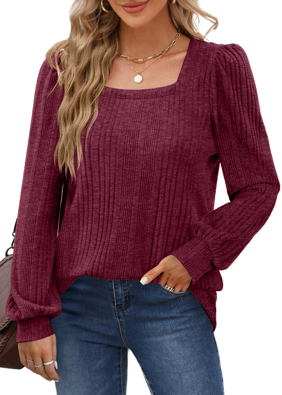 Damen gemütlicher Strickpullover mit Rippstruktur und Puffärmeln R&B