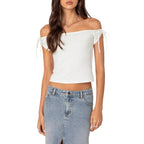 Damen raffiniertes Off-Shoulder T-Shirt mit eleganten BindR&Bändern R&B