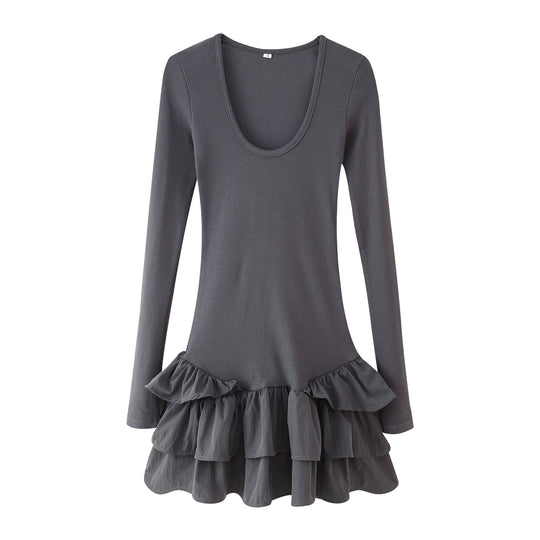 Damen Langarmkleid mit Rüschensaum R&B