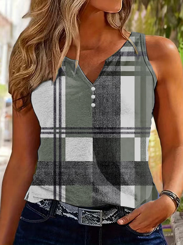 Damen ärmelloses V-Neck Top mit dekorativem Knopfdetail und modernem Karomuster R&B