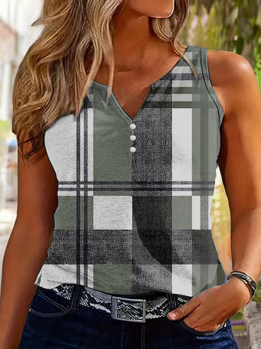Damen ärmelloses V-Neck Top mit dekorativem Knopfdetail und modernem Karomuster R&B